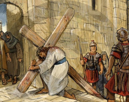 Illustrasjon av Jesus som ber krossen gjennom gatene i Jerusalem. Kunstverk av Magne V. Kristiansen
